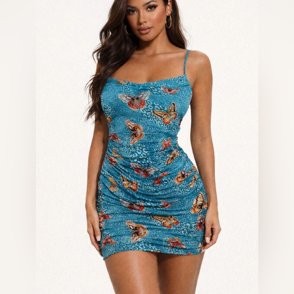 NWT Y2K Guess Teal Leopard Butterfly Print Ruched Mini Dress